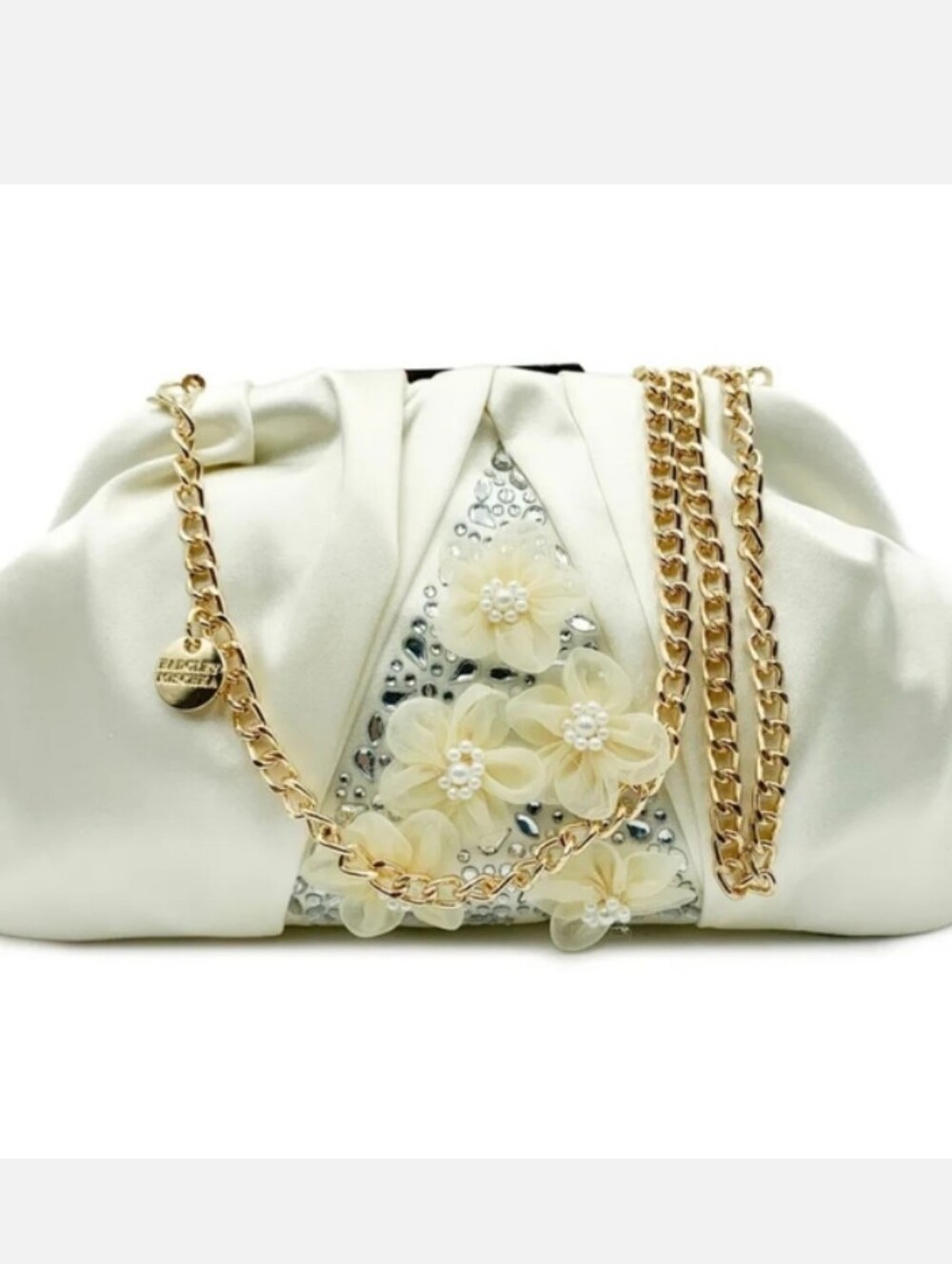 NWT Badgley Mischka Floral Embellished Satin Clutch Chain Strap NWT
